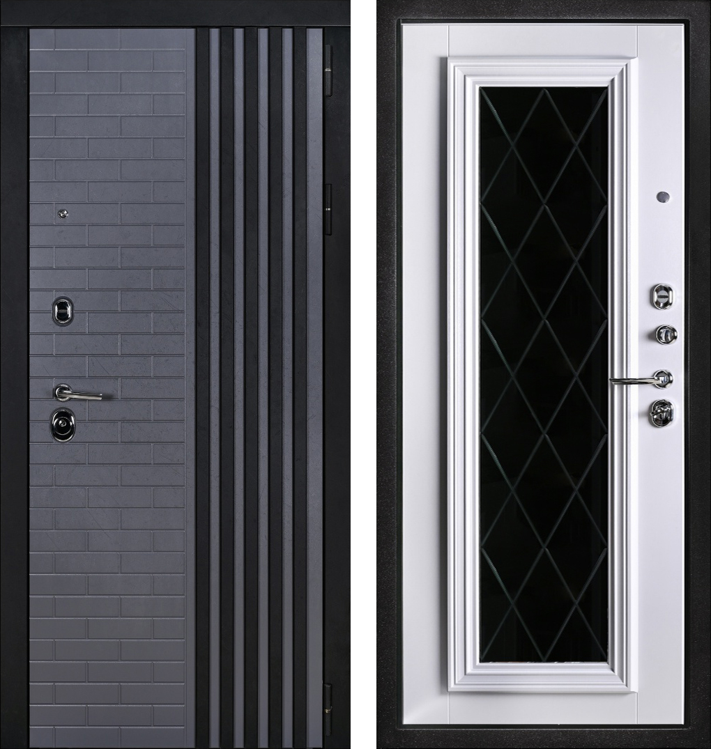 Дверь входная с зеркалом ЛД-848 с пвх пленкой серый/белый с элементами декора