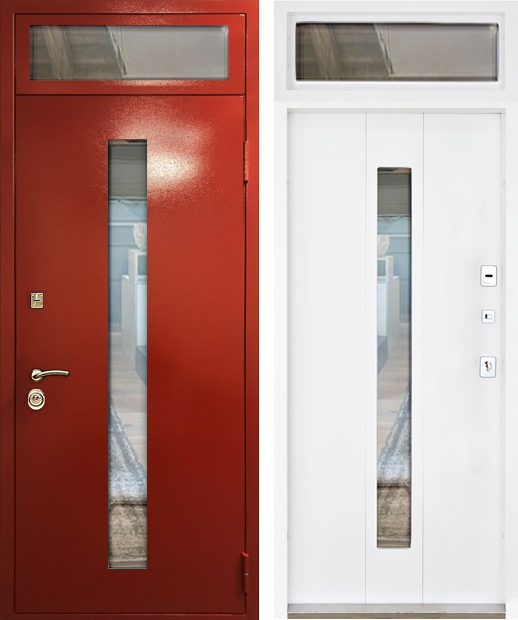 Красная порошковая дверь с фрамугой и стеклом ЛД-864